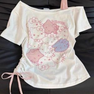 Áo Thun Hello Kitty Trễ Vai Rút Dây