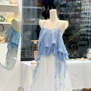 Set Crop Top Bèo Xanh + Váy Trắng