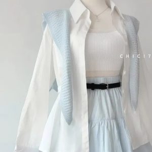 Set 3 Món Áo Sơ Mi Trắng + Áo Len + Chân Váy