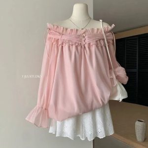 Áo Kiểu Hồng Trễ Vai Tay Bèo