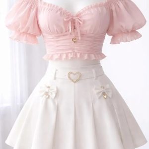 Set Crop Top Voan Hồng + Chân Váy Trắng