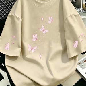 Áo Thun Kem Oversize In Bướm Mèo Con