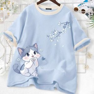 Áo Thun Xanh Baby In Mèo Hoa Đào