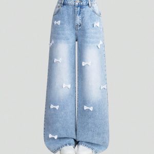Quần Jeans Ống Rộng Đính Nơ Trắng