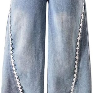 Quần Jeans Ống Rộng Phối Ren Viền