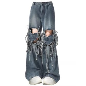 Quần Jeans Rách Gối Trái Tim Dây Buộc