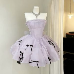 Váy Xòe Bèo Tím Lavender Nơ Đen