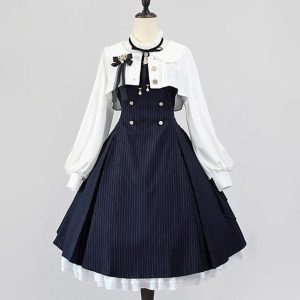 Set Váy Sơ Mi Kẻ Sọc Navy Phối Áo Trắng Bèo