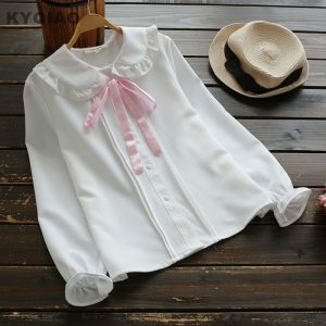 Áo Sơ Mi Trắng Cổ Bèo Nơ Hồng